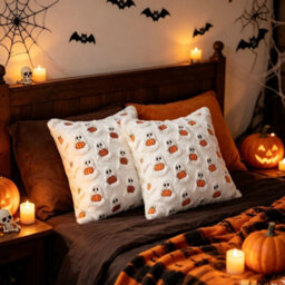 Amorly 2Pack 18X18 Inch Spooky Fall Cushion Covers, Cream Coloured Fluffy Plush Ghost Pillowcases, Washable, Decor For Couch, Sofa - thumbnail 8