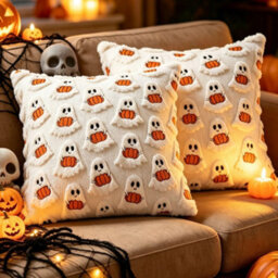 Amorly 2Pack 18X18 Inch Spooky Fall Cushion Covers, Cream Coloured Fluffy Plush Ghost Pillowcases, Washable, Decor For Couch, Sofa - thumbnail 1