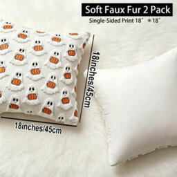 Amorly 2Pack 18X18 Inch Spooky Fall Cushion Covers, Cream Coloured Fluffy Plush Ghost Pillowcases, Washable, Decor For Couch, Sofa - thumbnail 3