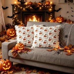 Amorly 2Pack 18X18 Inch Spooky Fall Cushion Covers, Cream Coloured Fluffy Plush Ghost Pillowcases, Washable, Decor For Couch, Sofa - thumbnail 7