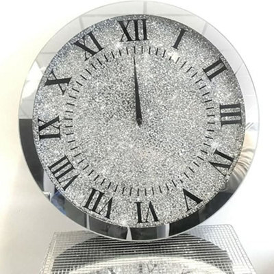 Biznest Large Crushed Crystal Jewel Wall Clock Round Luxury Loose Diamond Mirrored For Home 45X45Cm Mirror