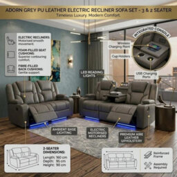 Home Luxe Interiors Adorn Grey Pu Leather Electric Recliner Sofa Set - 3 & 2 Seater - thumbnail 7