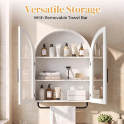 White Wall Mounted Wooden Cabinet Bathroom Double Door Storage Unit Cupboard - thumbnail 5