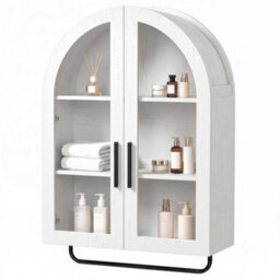 White Wall Mounted Wooden Cabinet Bathroom Double Door Storage Unit Cupboard - thumbnail 1