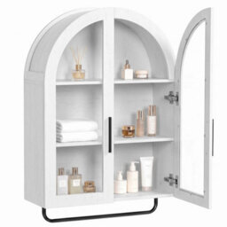 White Wall Mounted Wooden Cabinet Bathroom Double Door Storage Unit Cupboard - thumbnail 3