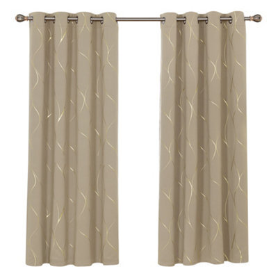 Deconovo Eyelet Room Darkening Curtains, Gold Wave Foil Printed Curtains, Energy Saving Curtains, W46 X L90 Inch, Taupe, 1 Pair - image 1