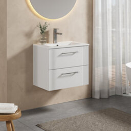 Balterley Belvide Partial Fluted 2 Drawer Wall Hung Vanity Unit With 1 Tap Hole Minimalist Basin - 600mm - Satin White - thumbnail 4