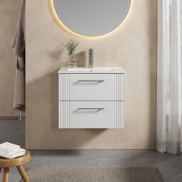 Balterley Belvide Partial Fluted 2 Drawer Wall Hung Vanity Unit With 1 Tap Hole Minimalist Basin - 600mm - Satin White - thumbnail 2