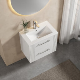 Balterley Belvide Partial Fluted 2 Drawer Wall Hung Vanity Unit With 1 Tap Hole Minimalist Basin - 600mm - Satin White - thumbnail 5