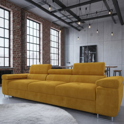 Torezio 3 Seater Sofa For Living Room With Adjustable Headrests Chipboard Frame Metal Legs 263X102X70Cm Mustard - image 1