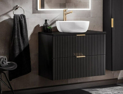 Impact Furniture Vanity Wall Hung Unit With Basin 800mm Black Countertop Worktop Bathroom Drawer Cabinet Ribbed Fluted Adel - image 1