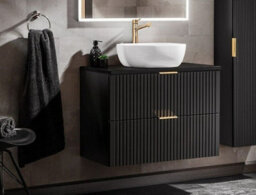 Impact Furniture Vanity Wall Hung Unit With Basin 800mm Black Countertop Worktop Bathroom Drawer Cabinet Ribbed Fluted Adel