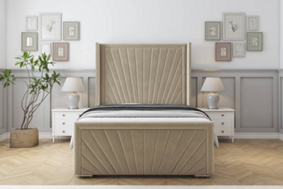 "Sloomy Rutherford Almond Coniston Bed Frame With Mattress With 50""  Upholstered Wingback Headboard 4' Small Double" - image 1