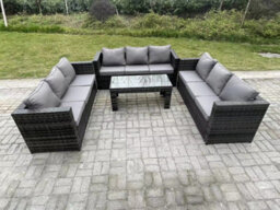 Fimous Outdoor 3 Pc Three Seater Sofa Rattan Garden Furniture Lounge Sofa Set With Oblong Rectagular Coffee Table - thumbnail 1