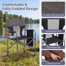 Gainoom Folding Camping Chair Black Oversized Padded Portable Directors Chair Outdoor Heavy Duty Beach Chair With Cup Holder - thumbnail 9