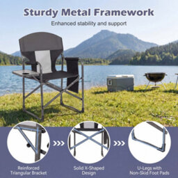 Gainoom Folding Camping Chair Black Oversized Padded Portable Directors Chair Outdoor Heavy Duty Beach Chair With Cup Holder - thumbnail 4