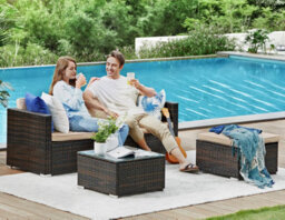 Songmics Garden Furniture Set, Pe Outdoor Corner Sofa Couch, Handwoven Rattan Patio Conversation Set, Brown And Taupe - thumbnail 7