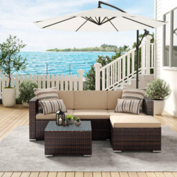 Songmics Garden Furniture Set, Pe Outdoor Corner Sofa Couch, Handwoven Rattan Patio Conversation Set, Brown And Taupe
