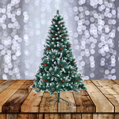 Shatchi 5Ft Balmoral Fir Christmas Tree With 480 Tips - Flocked Tips, Berries And Pine Cones Decoration - image 1