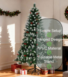 Shatchi 5Ft Balmoral Fir Christmas Tree With 480 Tips - Flocked Tips, Berries And Pine Cones Decoration - thumbnail 7