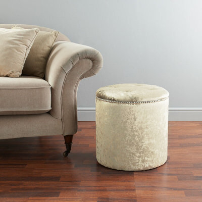 Adore Designs Round Beading Crushed Velvet Foot Stool Pouffe -  Cream - image 1