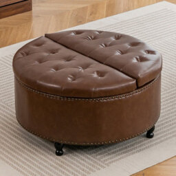 Living And Home Round Brown Pu Leather Upholstered Storage Ottoman With Lift-Top And Flip Design - thumbnail 1