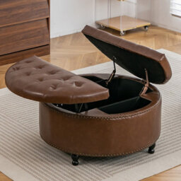 Living And Home Round Brown Pu Leather Upholstered Storage Ottoman With Lift-Top And Flip Design - thumbnail 2
