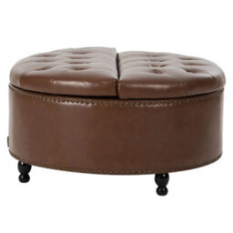 Living And Home Round Brown Pu Leather Upholstered Storage Ottoman With Lift-Top And Flip Design - thumbnail 3