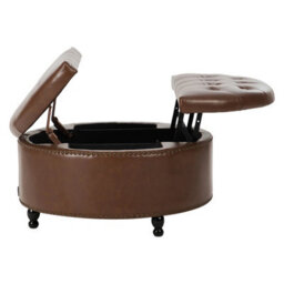 Living And Home Round Brown Pu Leather Upholstered Storage Ottoman With Lift-Top And Flip Design - thumbnail 4
