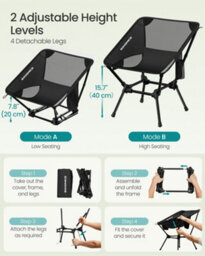 LEDREM Folding Outdoor Camping Chair With Adjustable Height, Steel Frame, 2 Storage Pockets, Black - thumbnail 6