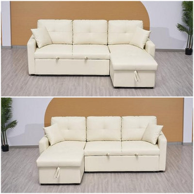 SquareBoxx Milano 3 Seater L Shape Pullout Sofa Bed With Deep Storage Compartment & Reversible Chaise - Beige - image 1