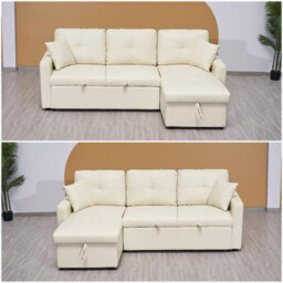 SquareBoxx Milano 3 Seater L Shape Pullout Sofa Bed With Deep Storage Compartment & Reversible Chaise - Beige
