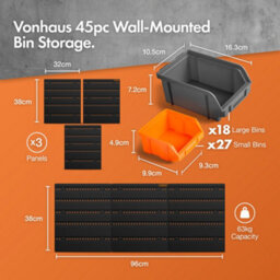 Vonhaus 45Pcs Workshop Storage Bins For Garage, Shed & Van - Wall Mount Organiser With 3 Back Panels - thumbnail 4