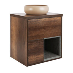 Homestylestore Dark Oak 594mm Led Lit Wall Hung Bathroom Vanity Unit Round Sand Countertop Basin Open Shelf