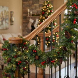 Amorly 9Ft Pre Lit Mixed Evergreen Christmas Garland, Battery Powered Warm White Led Lights, Timer, Pine Cones Red Berries For Holiday - thumbnail 6