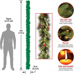 Amorly 9Ft Pre Lit Mixed Evergreen Christmas Garland, Battery Powered Warm White Led Lights, Timer, Pine Cones Red Berries For Holiday - thumbnail 4