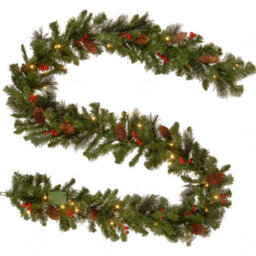 Amorly 9Ft Pre Lit Mixed Evergreen Christmas Garland, Battery Powered Warm White Led Lights, Timer, Pine Cones Red Berries For Holiday - thumbnail 1