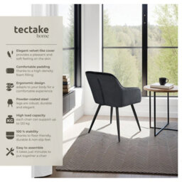 Tectake Set Of 4 Dining Chair Marilyn - With Armrests, Padded, Velvet Look, Black Steel Legs  - Black - thumbnail 2