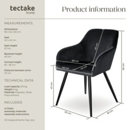 Tectake Set Of 4 Dining Chair Marilyn - With Armrests, Padded, Velvet Look, Black Steel Legs  - Black - thumbnail 6