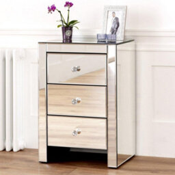 The Furniture Market Venetian Mirrored 3 Drawer Bedside Table Crystal Glass Handles Bevelled Edges Premium Quality No Assembly Required - thumbnail 1