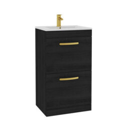 Royal Bathrooms Turin Hale Black 500mm Floor Standing Vanity Unit 2 Drawer With Minimalist Basin Sink & Brushed Brass Handles - thumbnail 6
