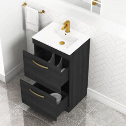 Royal Bathrooms Turin Hale Black 500mm Floor Standing Vanity Unit 2 Drawer With Minimalist Basin Sink & Brushed Brass Handles - thumbnail 5