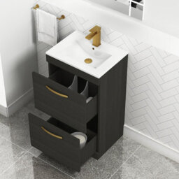 Royal Bathrooms Turin Hale Black 500mm Floor Standing Vanity Unit 2 Drawer With Minimalist Basin Sink & Brushed Brass Handles - thumbnail 3