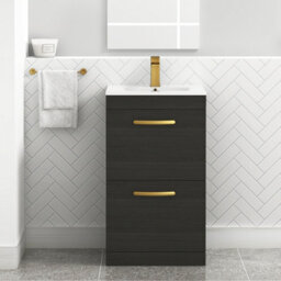 Royal Bathrooms Turin Hale Black 500mm Floor Standing Vanity Unit 2 Drawer With Minimalist Basin Sink & Brushed Brass Handles - thumbnail 1