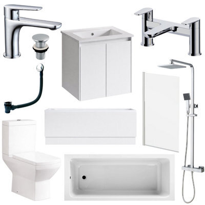 Plum&clay Complete Bathroom Suite Chrome Taps 600mm White Wall Hung Vanity Unit Bath Shower Screen Toilet Waste - image 1