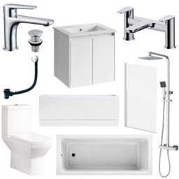Plum&clay Complete Bathroom Suite Chrome Taps 600mm White Wall Hung Vanity Unit Bath Shower Screen Toilet Waste