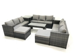 Fimous Outdoor Garden Furniture Set 7 Pieces Rattan Sofa Set With Coffee Table 2 Big Footstools Side Table Dark Grey Mixed - thumbnail 2