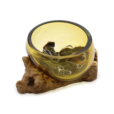 Mini Amber Molten Glass Bowl With Wooden Base Decorative Accent - image 1
