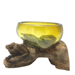 Mini Amber Molten Glass Bowl With Wooden Base Decorative Accent - thumbnail 3