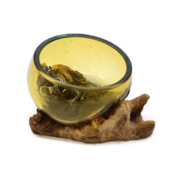 Mini Amber Molten Glass Bowl With Wooden Base Decorative Accent - thumbnail 2